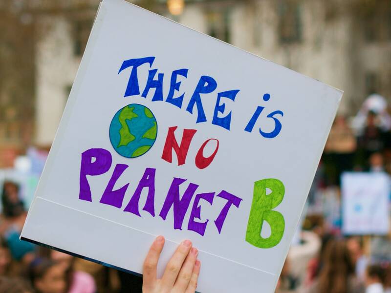 Menschen demonstrieren für das Klima. Im Vordergrund ein Plakat mit der Aufschrift "There is no Planet B". 