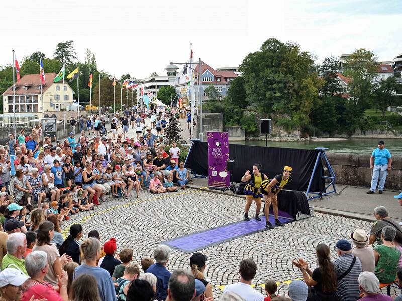 Brückensensationen Rheinfelden: Im Vordergrund sieht man ein Künstlerpaar, das eine lustige Geste macht. Darum herum Zuschauermassen und im Hintergrund die Alte Rheinbrücke, Haus  Salmegg und die Rheinbrückstraße. 