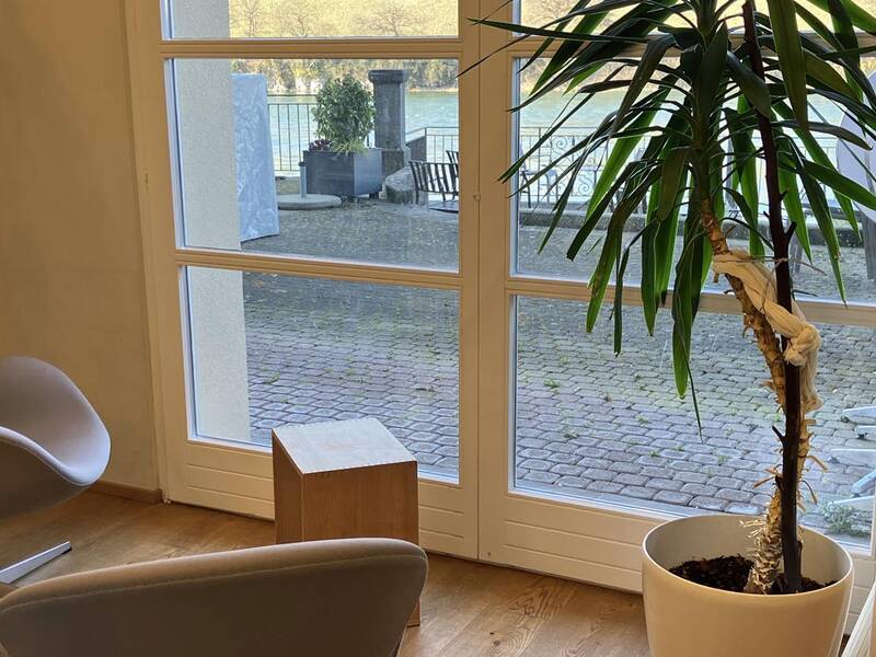 Lesebereich: Zwei Lederdrehsessel, ein kleiner Holzwürfel-Tisch und eine Grünpflanze stehen vor einem großen Fenster mit Blick auf eine Terrasse und den Fluss Rhein. 