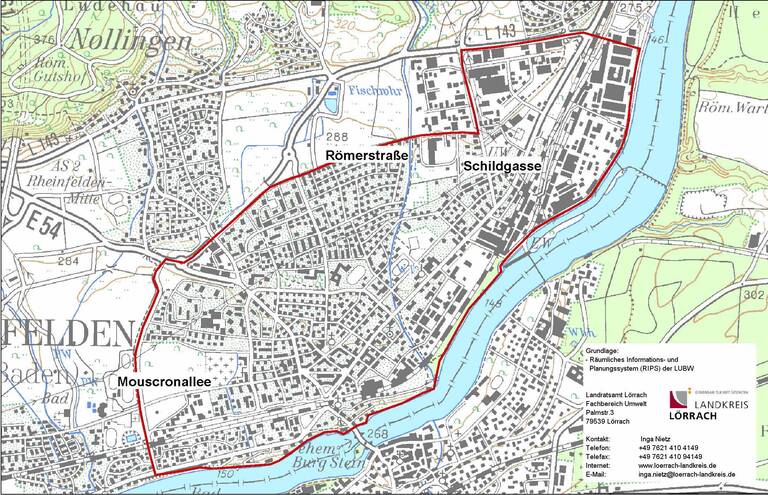 Abgrenzung der Dioxin-Oberbodenbelastung im Stadtgebiet von Rheinfelden (Baden)