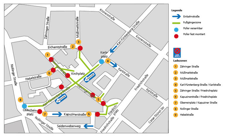 Plan der Innenstadt mit eingezeichneten Pollern und Ladezonen.