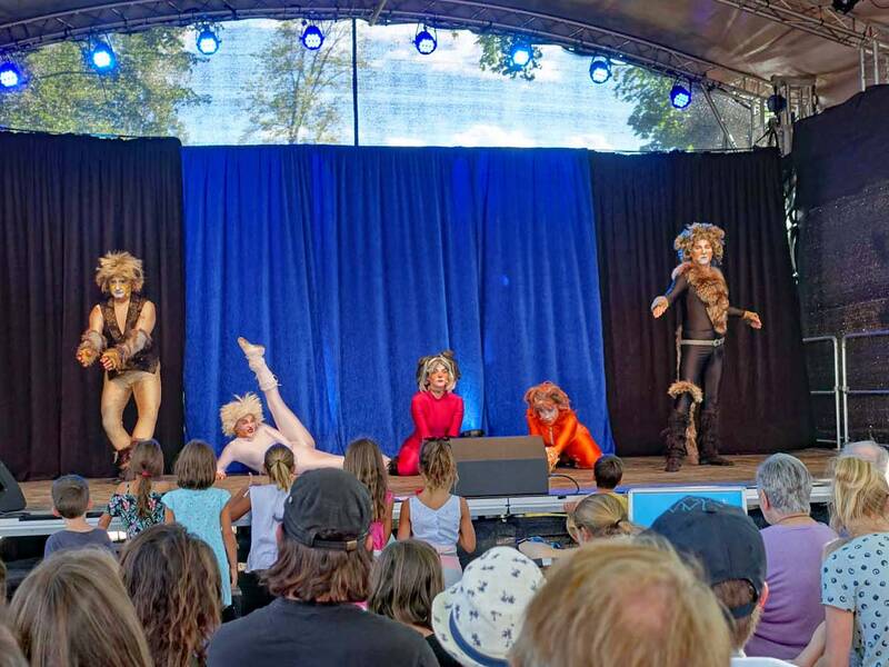 Fünf Schauspieler in Katzenkostümen auf einer Bühne, im Vordergrund Zuschauer