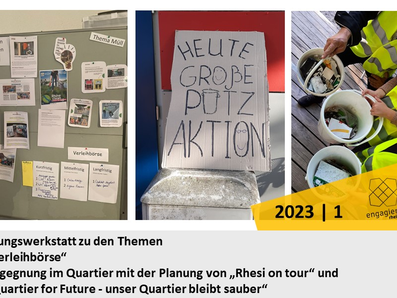 Eine Collage zeigt ein Planungsboard zu Umweltinitiativen, ein Schild mit der Aufschrift "Heute große Putzaktion," und Menschen in Warnwesten, die Müll einsammeln.