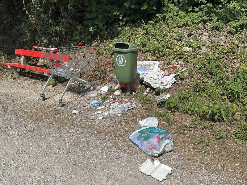 Neben einer grünen Mülltonne und einer roten Bank liegt Müll, darunter ein Einkaufswagen und diverse Abfälle, auf dem Boden verstreut.