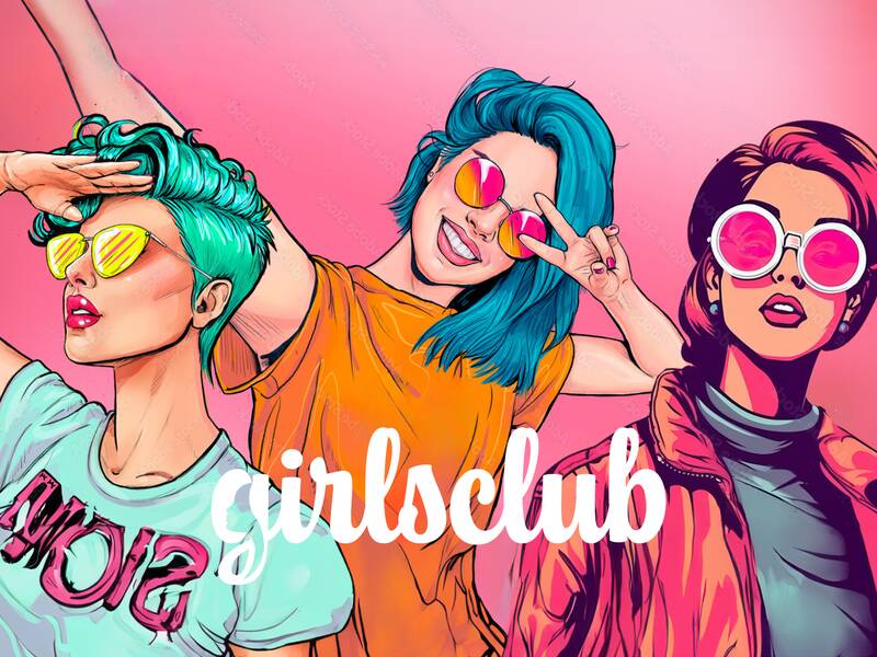 Drei stilisierte Frauen mit bunten Frisuren und Sonnenbrillen posieren vor einem rosa Hintergrund, mit dem Schriftzug "girlsclub" vorne.