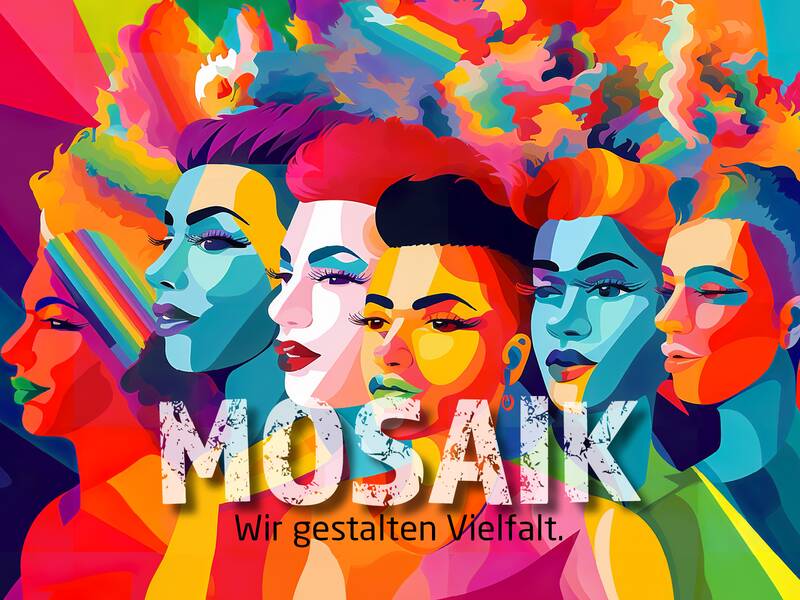 Eine farbenfrohe, abstrakte Illustration von mehreren Gesichtern nebeneinander, mit dem Text "Mosaik - Wir gestalten Vielfalt".