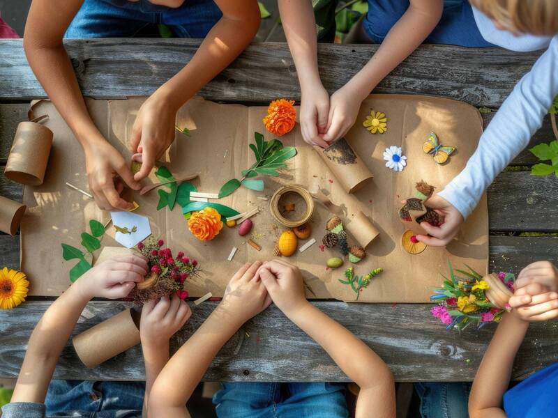 Eine Gruppe von Kindern sitzt um einen Tisch und bastelt mit verschiedenen Naturmaterialien wie Blumen, Blättern und Tannenzapfen.