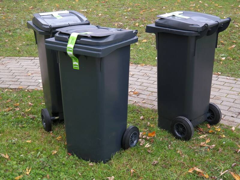 Drei schwarze Mülltonnen stehen auf einem Stück Rasen, daneben ein gepflasterter Weg. 