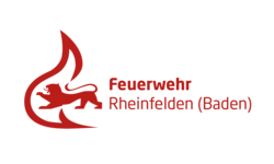 Das Bild zeigt ein rotes Logo mit einem stilisierten Löwen und einer Flamme, daneben steht der Text "Feuerwehr Rheinfelden (Baden)".